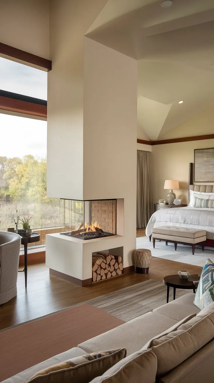 This dream master suite boasts a stunning bedroom layout, seamlessly blending a cozy bedroom sitting area with a luxurious king-size bed and a relaxing seating area centered around a captivating fireplace. The large window offers breathtaking natural views, completing this perfect retreat.
