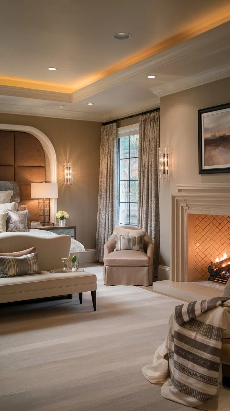 Escape to this dream master bedroom, where a luxurious king-sized bed meets a cozy fireplace. The thoughtfully designed bedroom layout includes a dedicated sitting area, perfect for relaxing by the bedroom fireplace with a book or enjoying quiet moments in the plush chair. This master suite fireplace bedroom offers the ultimate in comfort and style.