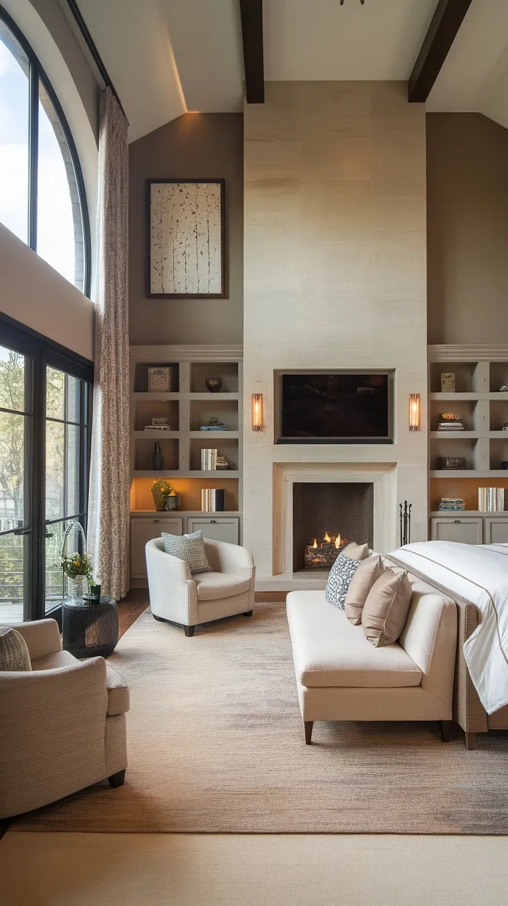 This dream master suite boasts a spacious bedroom with sitting area, perfect for relaxing by the bedroom fireplace. The thoughtful bedroom layout includes built-in shelving, a comfortable reading chair in the bedroom seating area, and large windows filling the room with natural light. The master suite fireplace adds a touch of warmth and elegance to this inviting space.