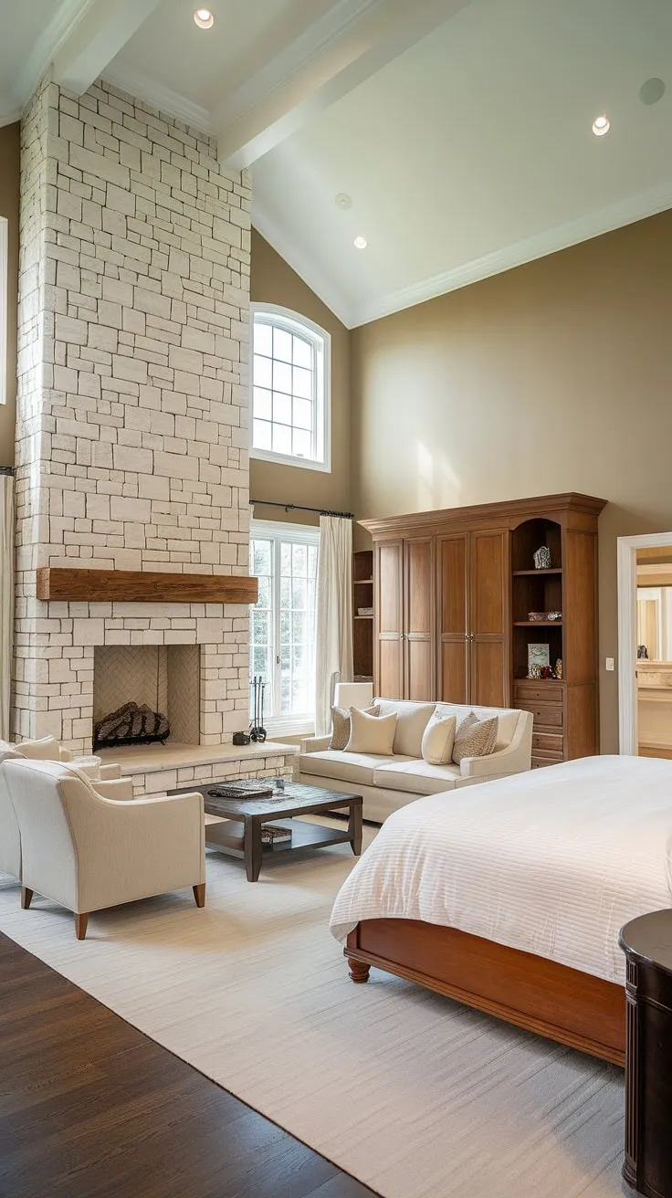Indulge in the ultimate relaxation of this dream master suite fireplace bedroom. The bedroom sitting area, complete with a cozy fireplace and ample seating, perfectly complements the luxurious bedroom layout.