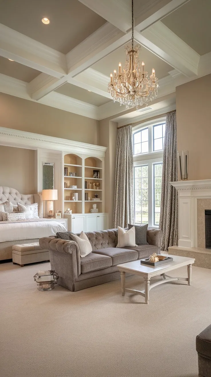 Escape to this dream master bedroom, a perfect blend of comfort and style. The bedroom fireplace adds warmth to the inviting bedroom seating area, furnished with a plush sofa and coffee table. This thoughtful bedroom layout maximizes space, creating a separate yet integrated bedroom with sitting area within the master suite. The large window and beige tones complete the serene atmosphere.