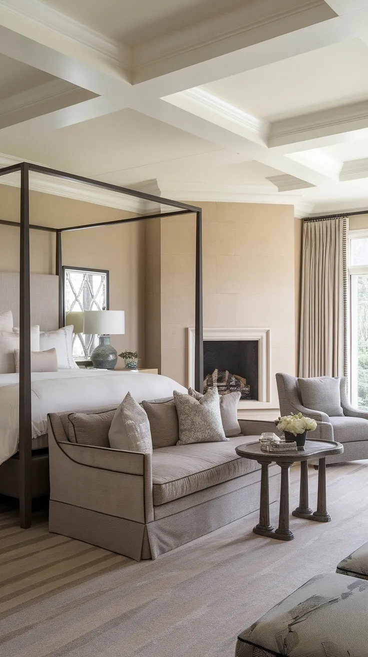 Indulge in the ultimate relaxation of this dream master suite fireplace bedroom. The bedroom sitting area, complete with a cozy fireplace and plush seating, offers the perfect bedroom layout for unwinding.