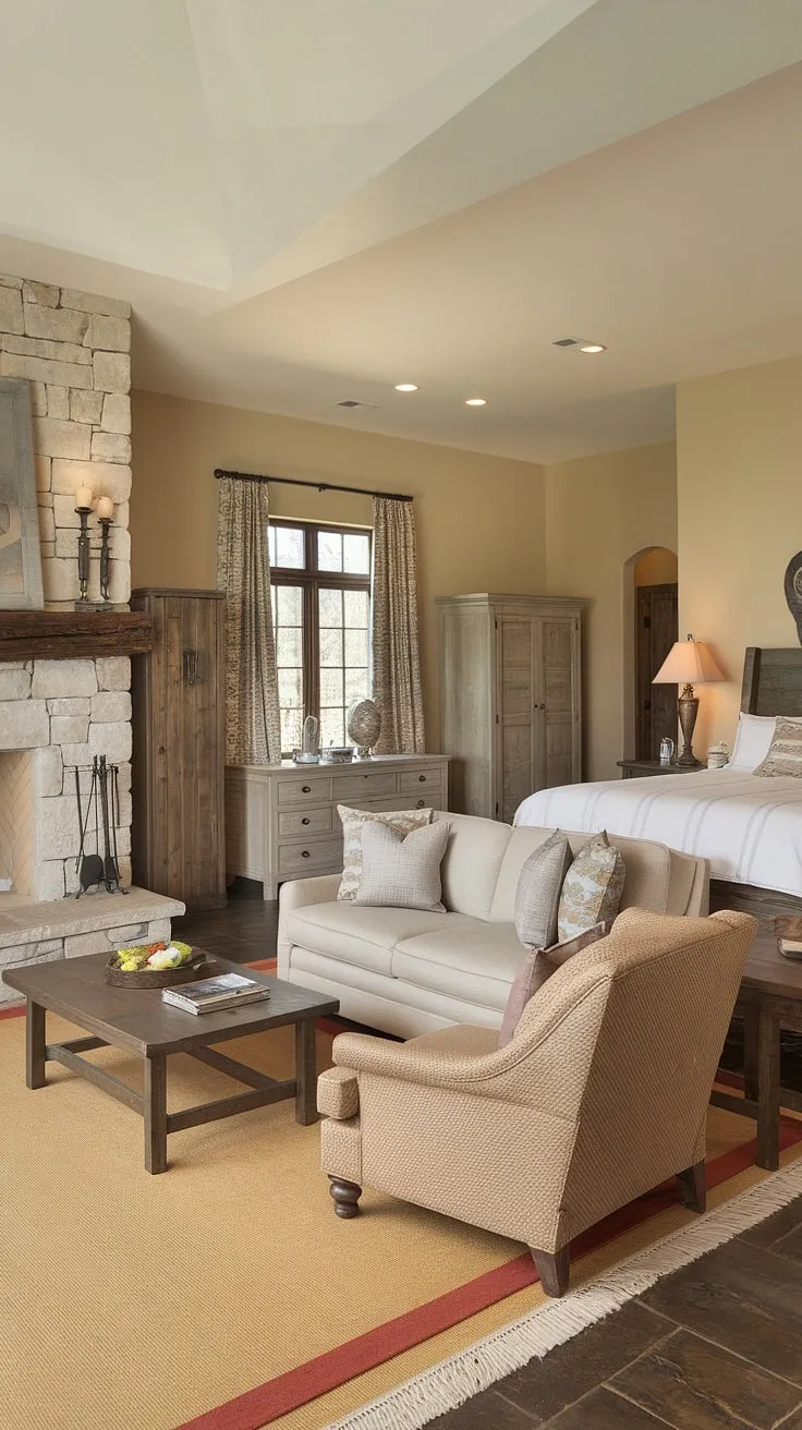 Unwind in this dream master suite, where a cozy fireplace warms the bedroom sitting area and a king-size bed awaits. The perfect bedroom layout for ultimate relaxation.