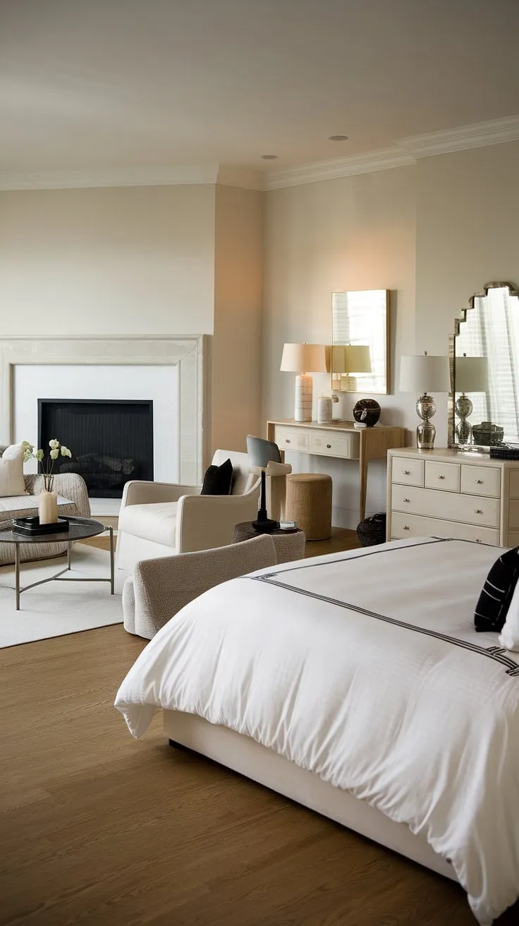 This master suite fireplace bedroom boasts a stunning bedroom with sitting area, offering a luxurious bedroom seating area and a fireplace to complete the dream master bedroom layout.