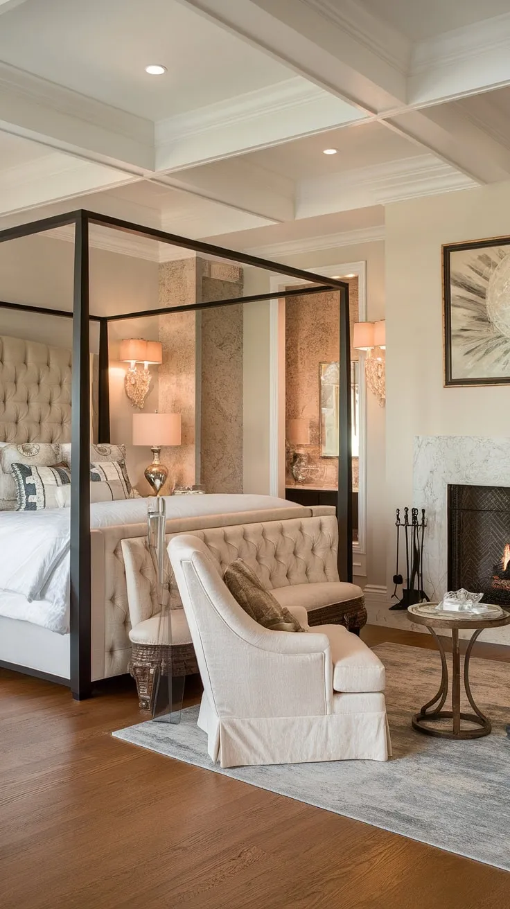 Unwind in this dream master suite fireplace bedroom. The perfect bedroom layout includes a cozy bedroom sitting area and fireplace, creating the ultimate bedroom with sitting area.