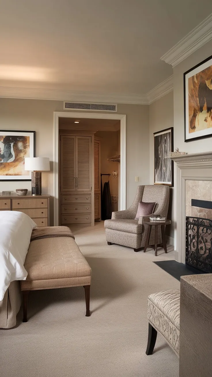 Escape to this dream master suite, where a cozy bedroom fireplace warms the inviting bedroom sitting area. The thoughtful bedroom layout includes ample space for relaxation, with a king-size bed, plush chair, and a dedicated bedroom seating area perfect for quiet evenings. Rich wood furniture and soft lighting complete the luxurious ambiance.