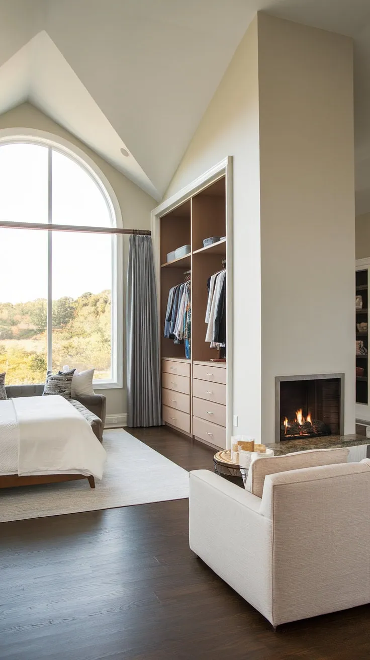 This master suite fireplace bedroom boasts a sophisticated bedroom with sitting area, offering both comfort and style. The thoughtful bedroom layout, including a walk-in closet, completes this luxurious retreat.