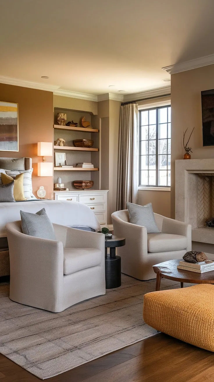 Unwind in the luxurious comfort of this master suite fireplace bedroom. The dedicated bedroom seating area, complete with a fireplace, offers a tranquil escape within this stunning bedroom with sitting area.