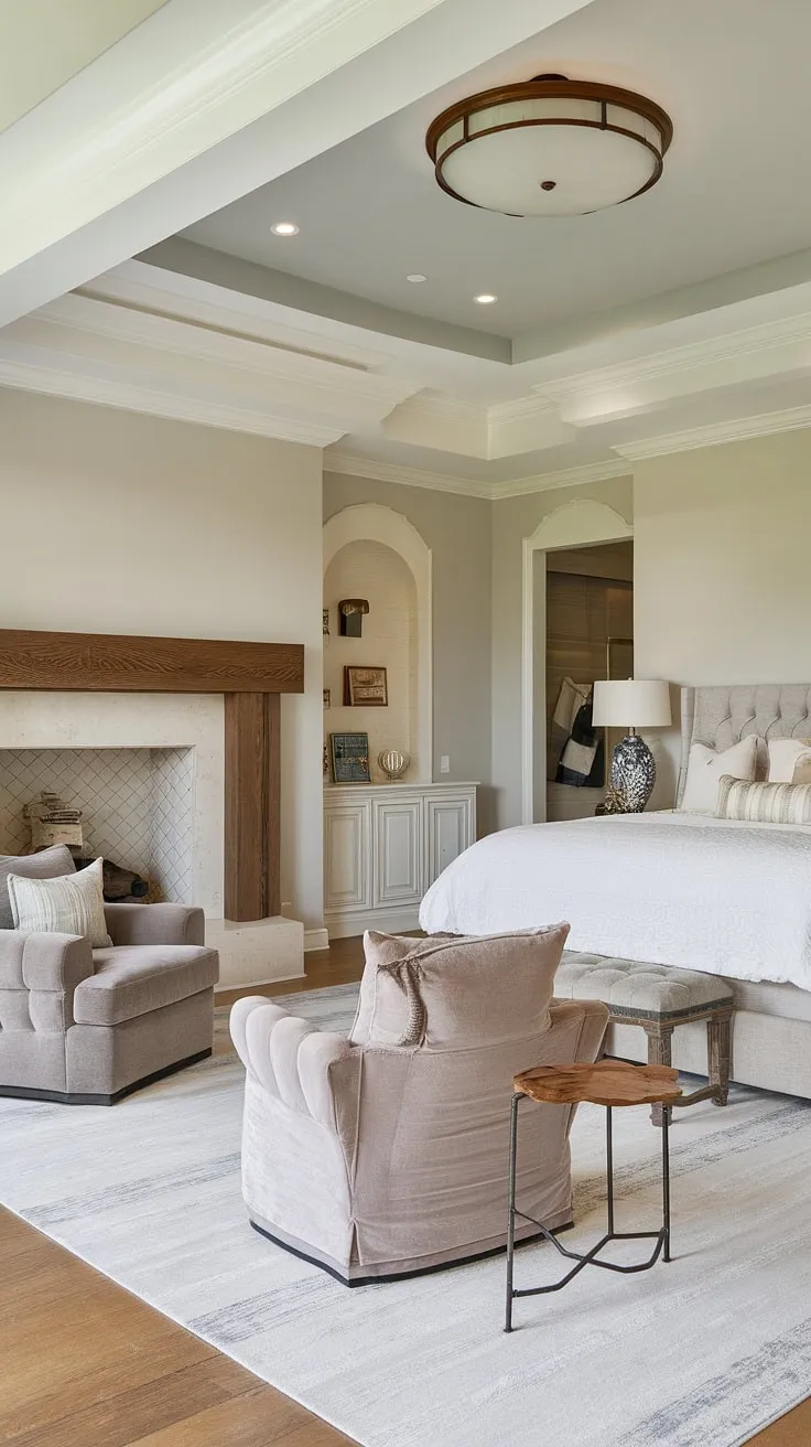 Escape to this luxurious master suite. The bedroom layout features a stunning fireplace as a focal point, with a comfortable bedroom seating area nestled nearby. This dream master bedroom offers the perfect blend of relaxation and sophistication, complete with a king-size bed and a serene atmosphere. The addition of a bedroom fireplace elevates this space to a true sanctuary.