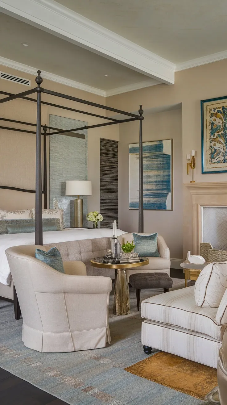 Indulge in the luxurious comfort of this master suite fireplace bedroom. The bedroom sitting area, complete with plush seating, complements the stunning fireplace and creates a truly captivating bedroom layout.