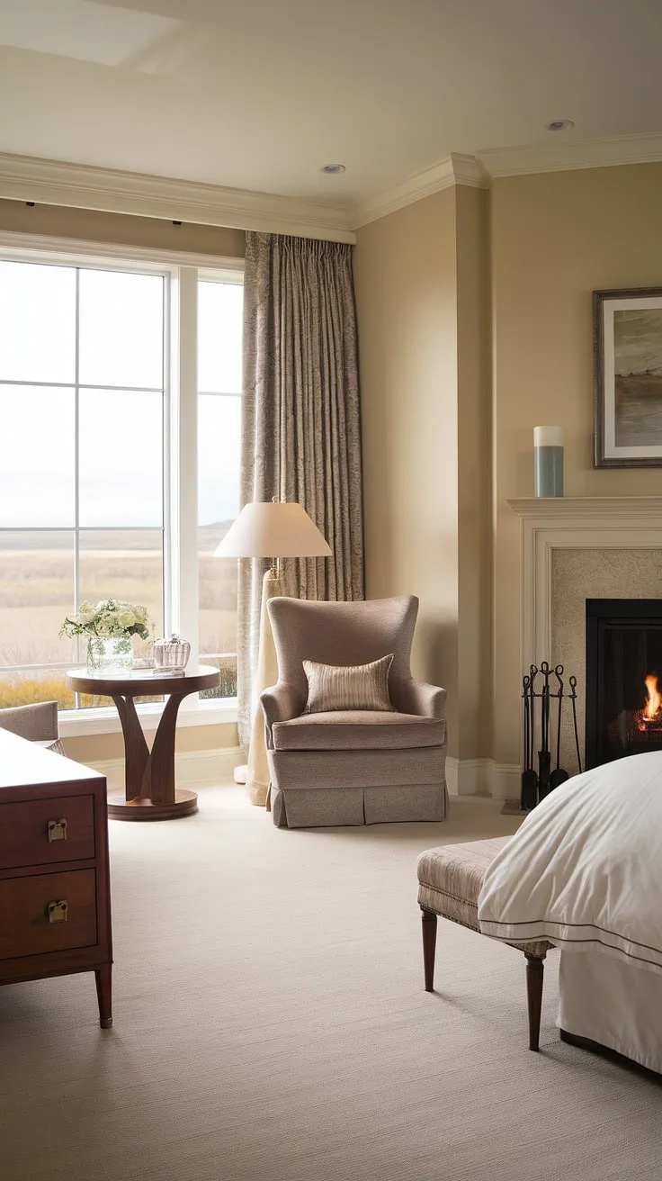Escape to tranquility in this dream master suite bedroom. The inviting bedroom sitting area, complete with a cozy fireplace and plush seating, offers the perfect spot to unwind and enjoy the breathtaking landscape view from the large window. This bedroom with a sitting area boasts a thoughtful bedroom layout, showcasing the perfect blend of comfort and style. The bedroom fireplace adds a touch of warmth and sophistication to this luxurious space.