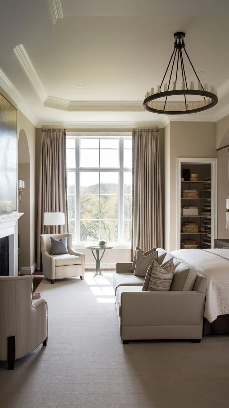 Unwind in this dream master suite, where a cozy fireplace warms the bedroom sitting area and a king-size bed awaits. The perfect bedroom layout for relaxation.