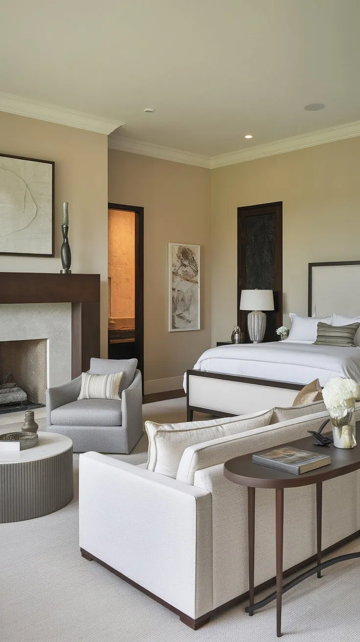 This master suite fireplace bedroom boasts a spacious bedroom with sitting area, creating the ultimate bedroom seating area for peaceful evenings. A truly enviable bedroom layout.
