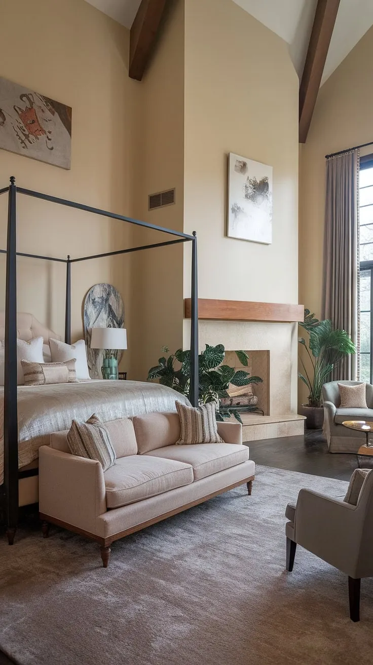 This master suite boasts a stunning bedroom with sitting area, creating a haven of relaxation. The bedroom fireplace is a focal point, beautifully separating the sleeping area from the comfortable bedroom seating area, ideal for unwinding with a book or enjoying quiet conversation. Note the thoughtful bedroom layout and the overall sense of calm.