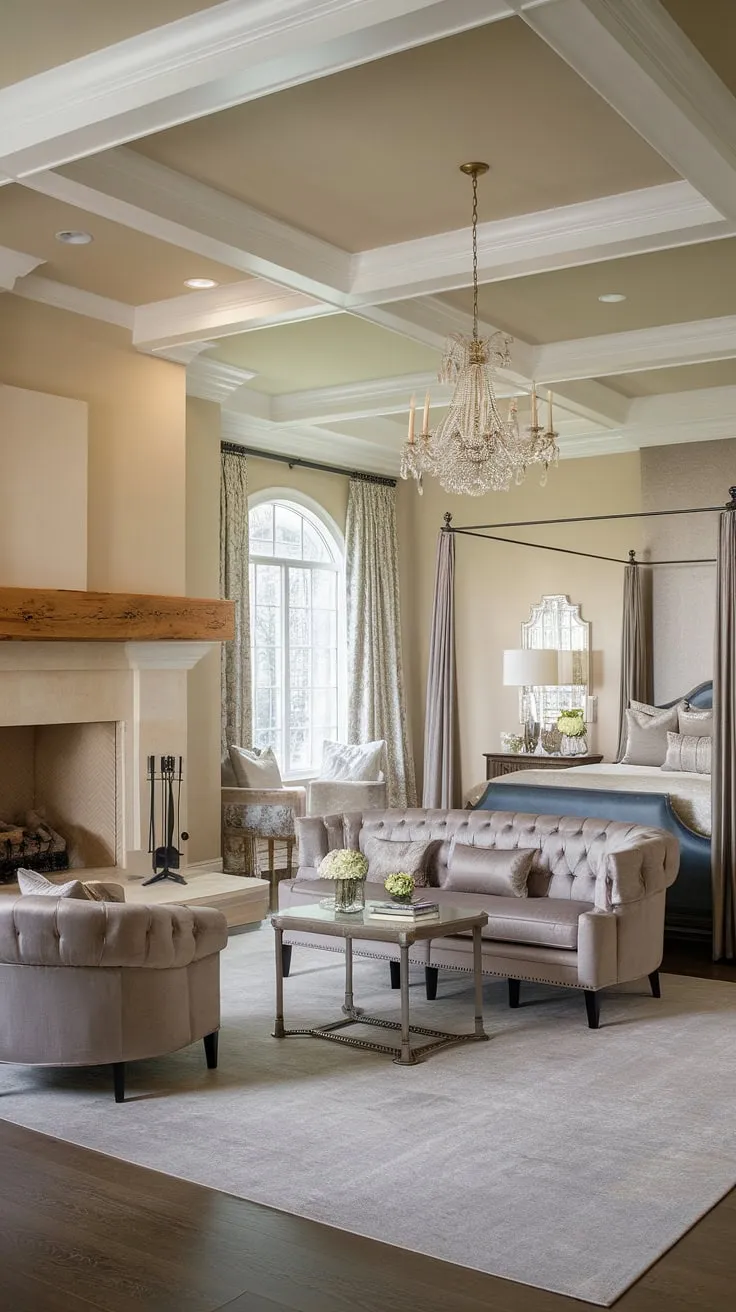 Indulge in the ultimate relaxation within this dream master bedroom. The master suite fireplace creates a cozy ambiance, perfectly complemented by the plush grey sofa in the dedicated bedroom sitting area. This bedroom with sitting area boasts a luxurious bedroom layout, featuring a canopy bed, elegant chandelier, and large window, all enhanced by the rich dark wood flooring. The bedroom seating area offers a tranquil escape, ideal for unwinding by the bedroom fireplace.