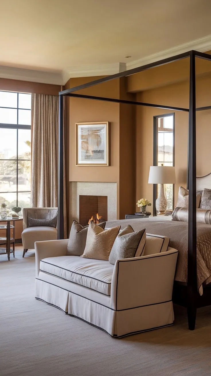 This master suite fireplace bedroom boasts a luxurious feel, featuring a dedicated bedroom seating area and a fireplace to create the ultimate retreat. The perfect bedroom with sitting area for your dream home.
