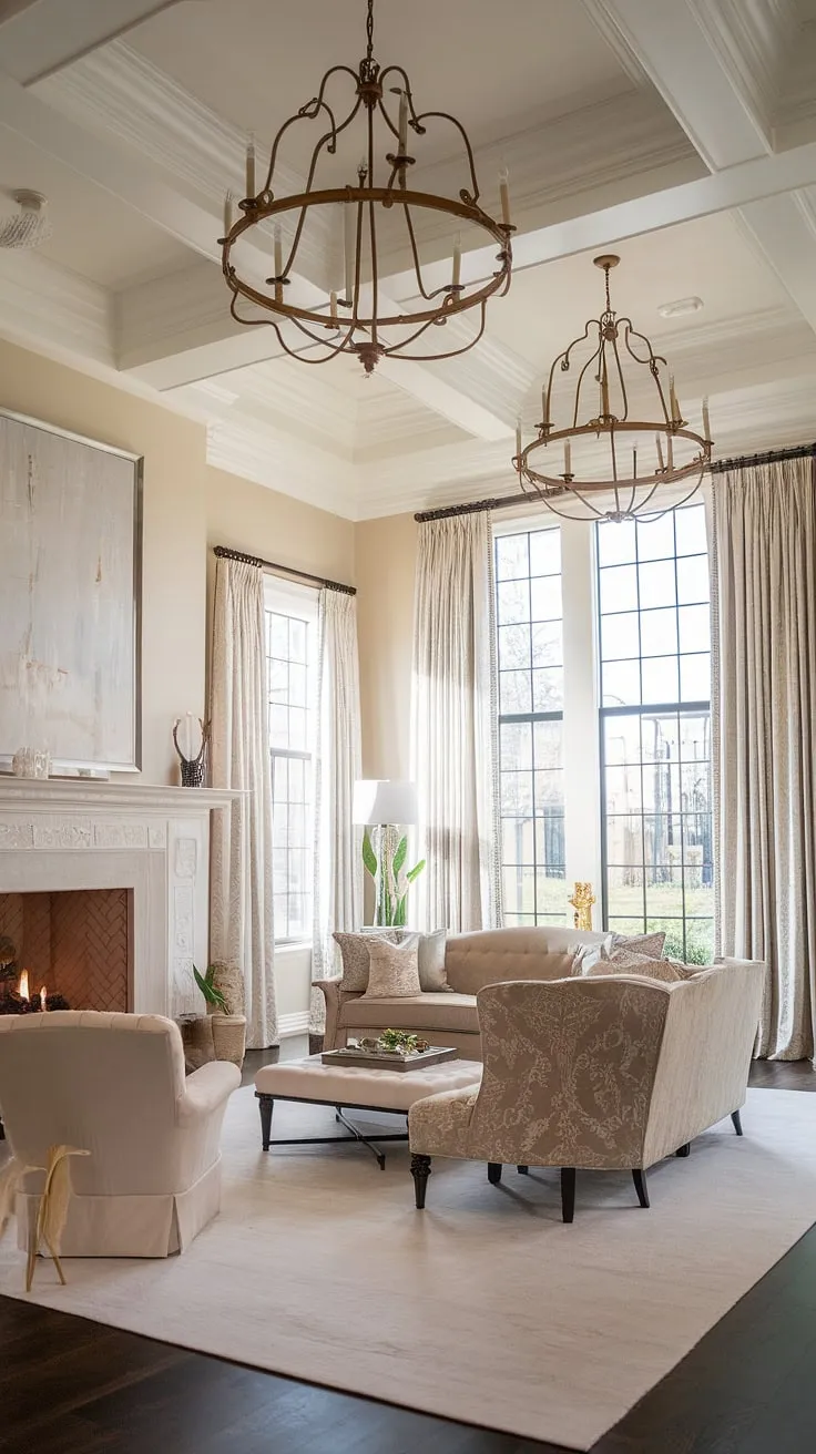 This dream master bedroom boasts a stunning fireplace, creating a cozy ambiance within the spacious master suite. The thoughtfully designed bedroom layout includes a dedicated bedroom sitting area, perfect for relaxation, featuring plush seating and a large window draped in elegant white curtains. The high ceilings and ornate chandeliers add to the luxurious feel of this bedroom with sitting area.