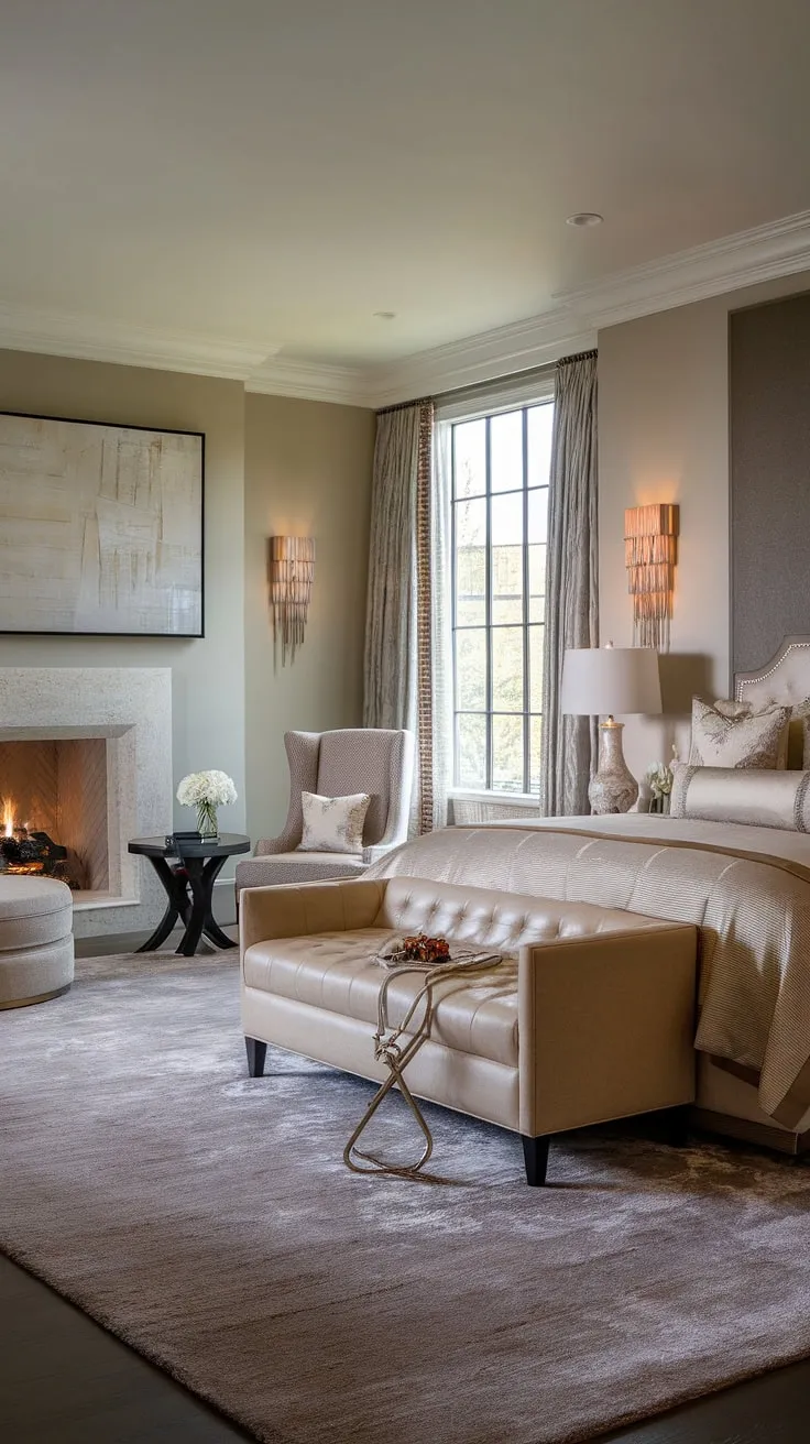 Indulge in the ultimate relaxation within this dream master suite. The bedroom layout seamlessly integrates a cozy sitting area and fireplace, creating the perfect space for unwinding. Plush seating complements the luxurious king-sized bed, while natural light streams through the large window, illuminating the artwork and highlighting the sophisticated design of this bedroom with sitting area. This master suite fireplace is the heart of this tranquil retreat.
