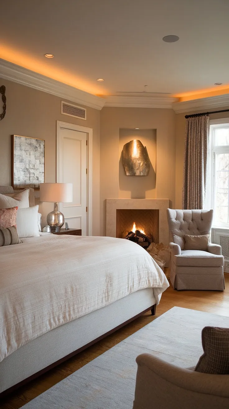Escape to your own private sanctuary: a master suite fireplace bedroom featuring a luxurious bedroom with sitting area and a fireplace to warm your soul. The perfect bedroom seating area for a dream master bedroom.