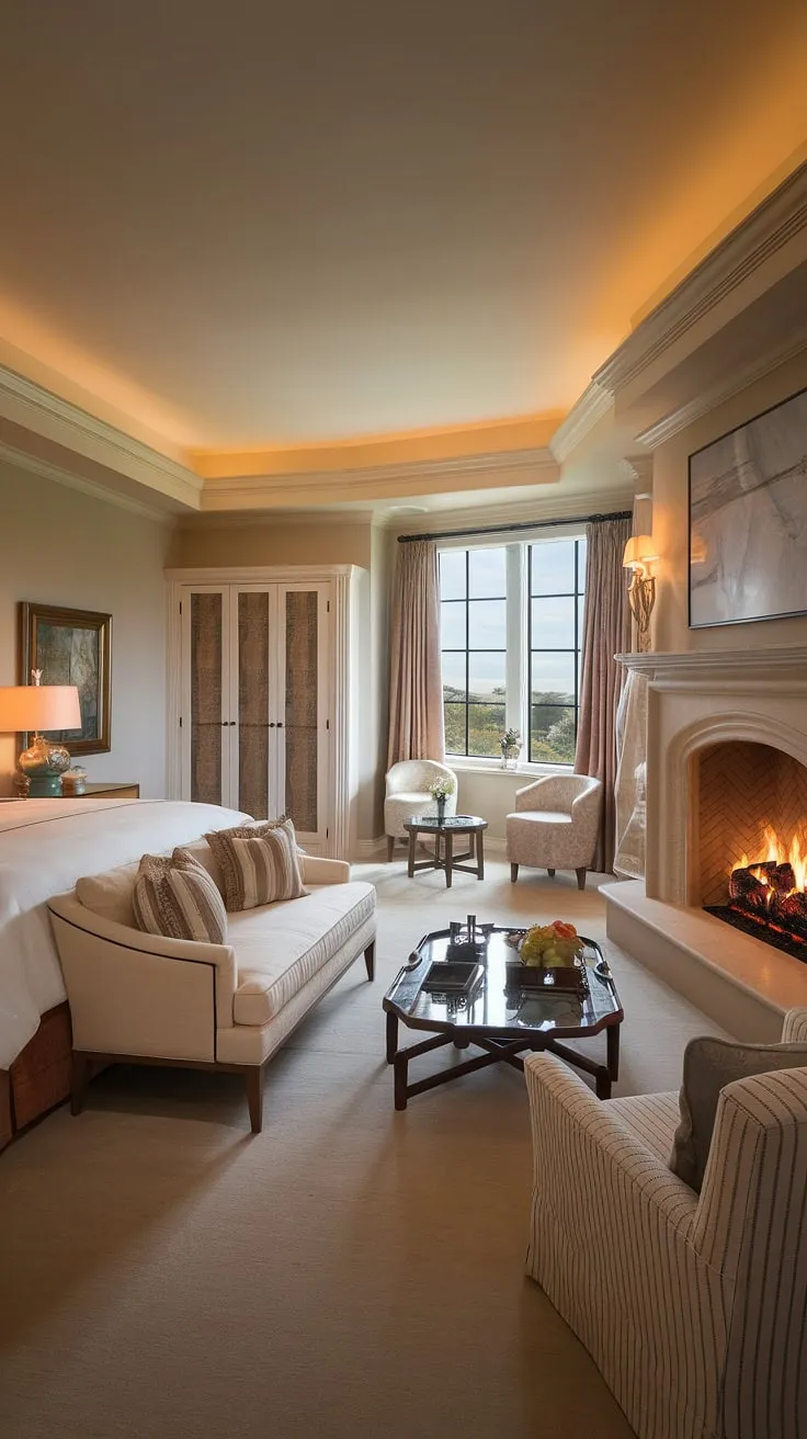 Indulge in the luxury of this dream master bedroom. The thoughtfully designed bedroom layout includes a king-size bed, generous wardrobe, and a charming bedroom seating area centered around a welcoming fireplace. Enjoy quiet evenings in this bedroom with sitting area, warmed by the flickering flames and bathed in the soft light of a nearby lamp, all while taking in the breathtaking view. This master suite fireplace is the epitome of sophisticated comfort.