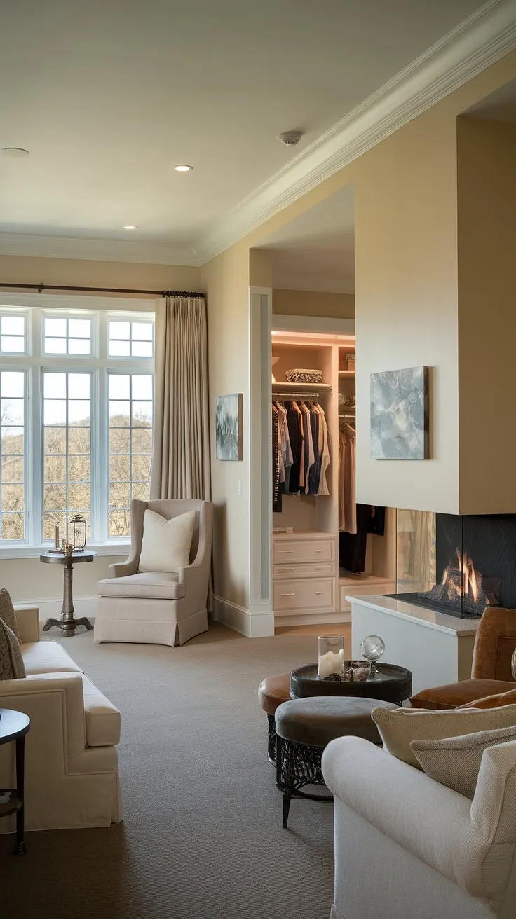 This dream master suite boasts a stunning bedroom layout, seamlessly blending a cozy bedroom seating area with a sophisticated sitting area. The fireplace, a beautiful centerpiece separating the spaces, adds warmth and ambiance to this luxurious bedroom with sitting area. Large windows offer breathtaking nature views, complemented by a walk-in closet and ensuite bathroom.