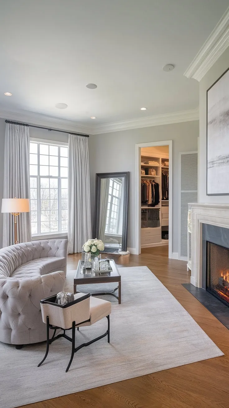 Indulge in the ultimate relaxation within this dream master bedroom suite. The spacious bedroom layout boasts a cozy bedroom sitting area, complete with plush gray seating, a warming fireplace, and ample natural light streaming through the large window. The perfect blend of comfort and luxury, this bedroom with sitting area offers a serene escape. A walk-in closet adds to the convenience of this master suite fireplace bedroom.