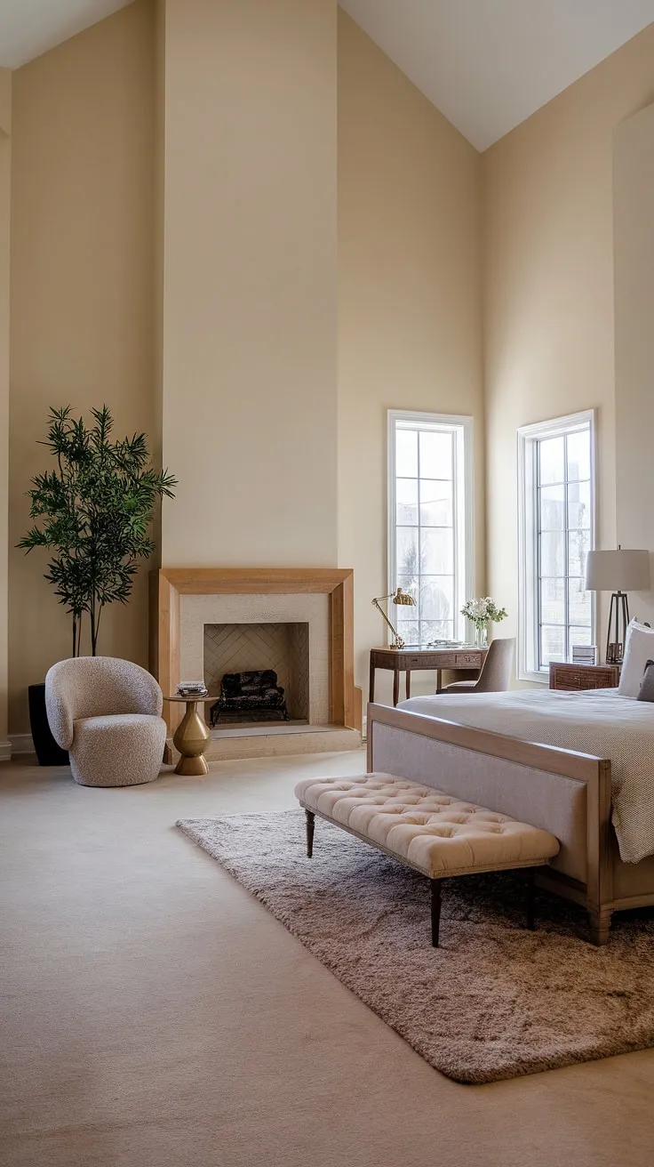 This dream master bedroom boasts a spacious and inviting layout, featuring a king-sized bed, a cozy bedroom sitting area perfect for relaxing by the fireplace, and a dedicated bedroom seating area with a plush grey chair. The master suite fireplace adds warmth and ambiance to this luxurious bedroom with sitting area, creating the ultimate retreat.