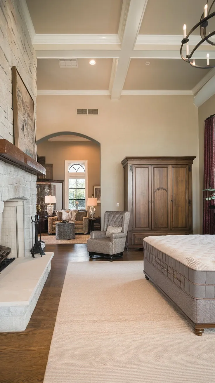This dream master suite boasts a stunning fireplace, creating a cozy ambiance in the spacious bedroom. The bedroom layout cleverly incorporates a dedicated sitting area with plush armchair and sofa, perfect for relaxation. The large bedroom with sitting area offers ample space and luxurious comfort.
