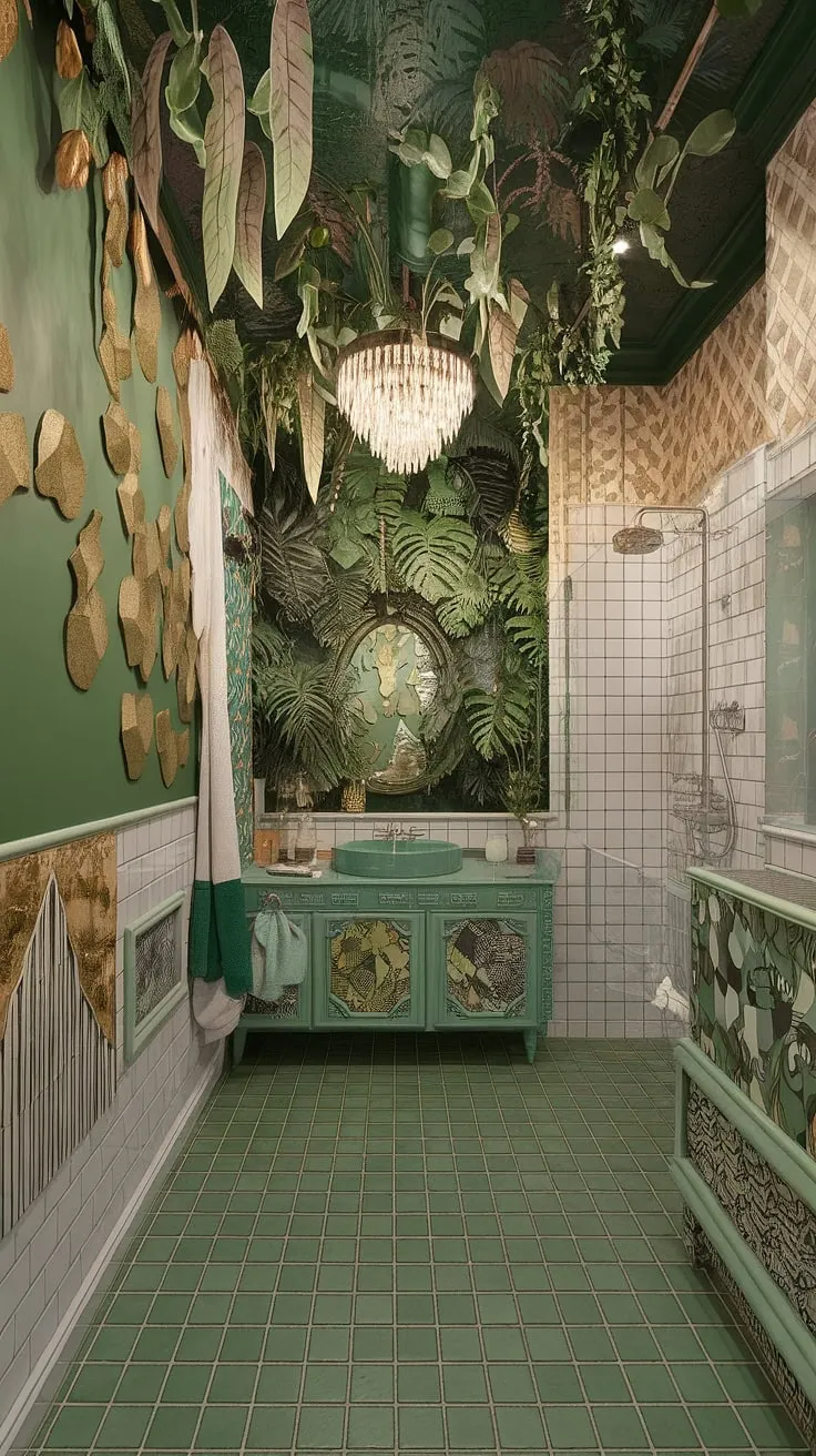 Immerse yourself in the intoxicating beauty of this jungle-themed bathroom. A riot of color and pattern, from the verdant walls to the shimmering gold accents, creates a space that is both wildly extravagant and utterly captivating. A true testament to the power of maximalist design.