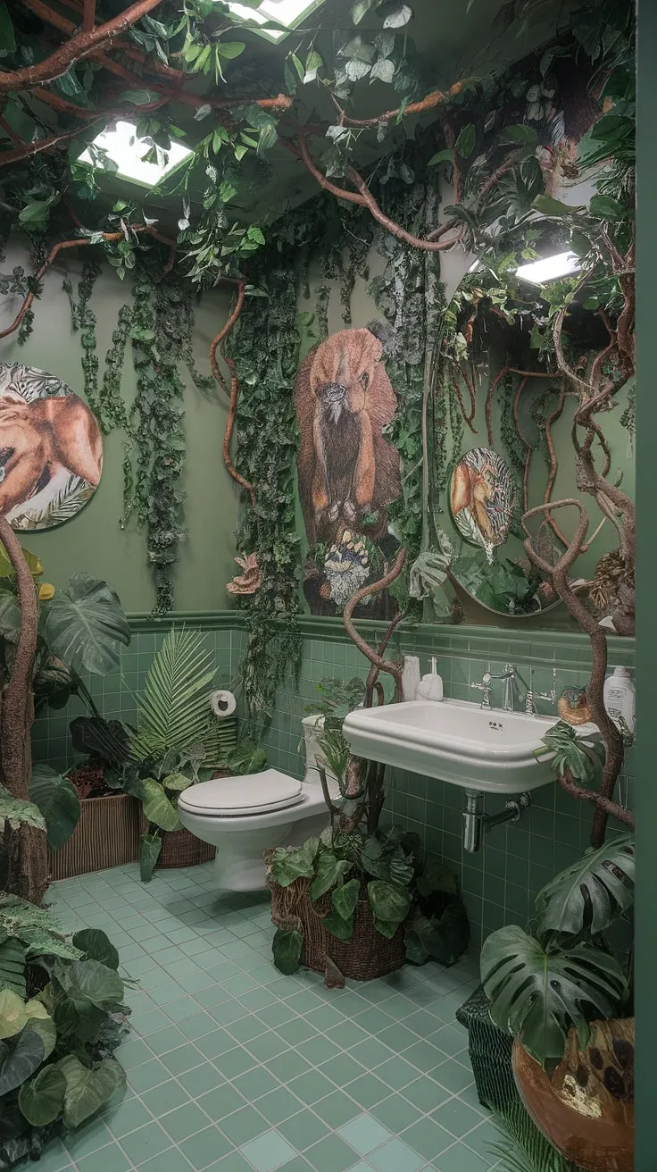 Step into a lush sanctuary where nature reigns supreme. This maximalist jungle bathroom, a vibrant explosion of green walls, patterned tiles, and thriving flora, is a testament to the beauty of untamed design. The air hums with the energy of life, a testament to the power of bringing the outdoors in. A true escape.