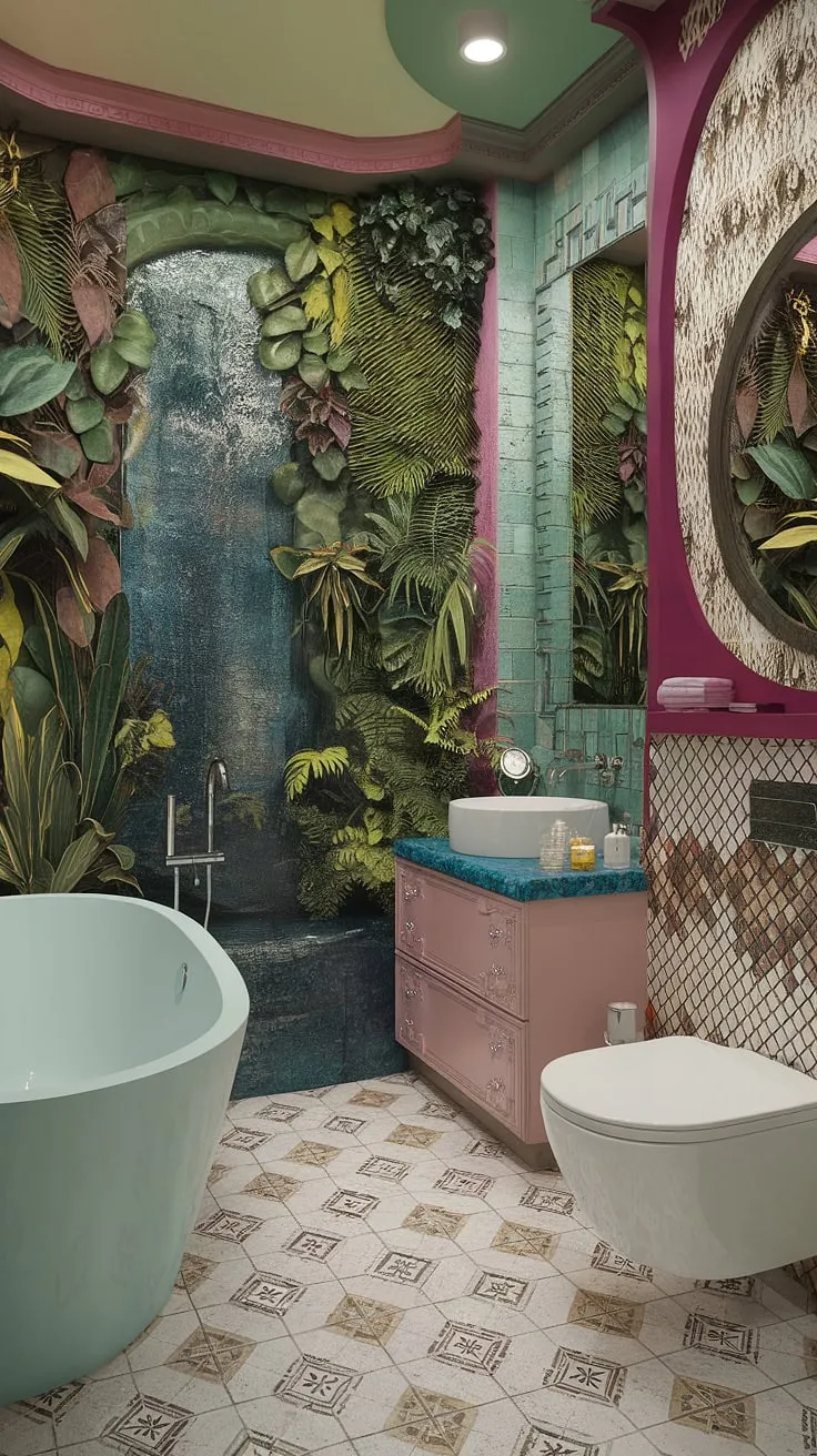 Step into a sanctuary where lush greenery meets luxurious indulgence. This maximalist bathroom, a vibrant explosion of color and texture, transforms daily ablutions into a rejuvenating escape. The cascading waterfall and abundant plants create a tranquil oasis, while the eclectic mix of patterns and textures adds a touch of playful whimsy. A true testament to the power of bold design.