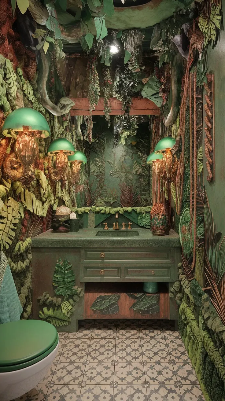 Immerse yourself in a riot of color and pattern. This maximalist bathroom, a verdant escape, showcases the beauty of embracing abundance. Every detail, from the patterned tiles to the leafy walls, contributes to a truly unique and captivating space.
