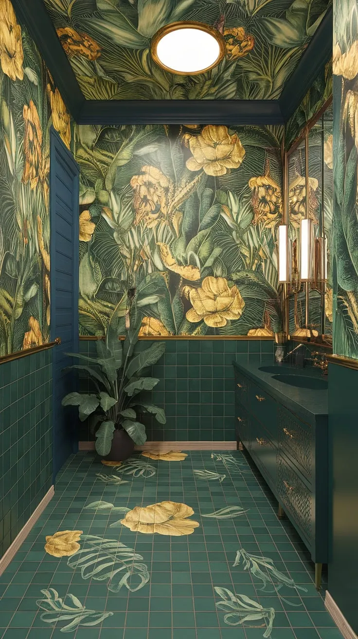 Step into a lush paradise where vibrant hues and opulent details create a bathroom sanctuary. The jungle bursts forth in a symphony of green and gold, a testament to maximalist design at its finest. A true escape.