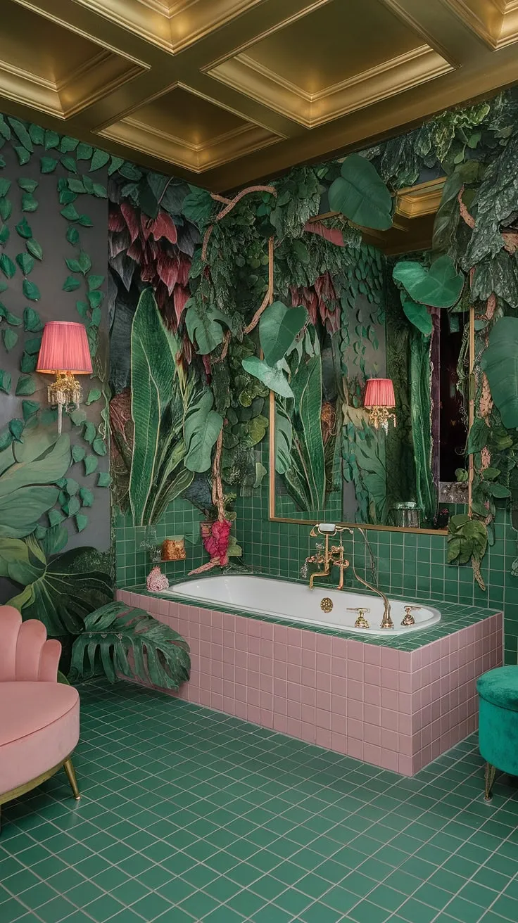 Immerse yourself in the opulence of this jungle-inspired bathroom. A riot of color and texture, the space is a harmonious blend of vibrant greens, luxurious golds, and playful pinks. A true testament to maximalist design, it's a haven of tranquility where every element, from the cascading plants to the gleaming gold fixtures, contributes to an atmosphere of pure bliss. A dream come true.