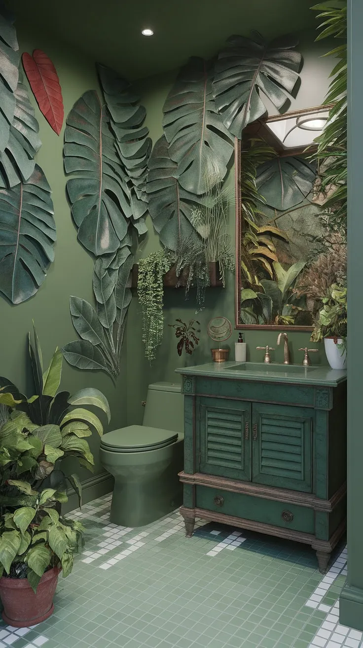 Escape to this jungle-inspired bathroom, a haven of tranquility where the vibrant green walls and abundant plants create a truly immersive experience. A testament to the power of nature's beauty, this space offers a unique and refreshing escape from the everyday.