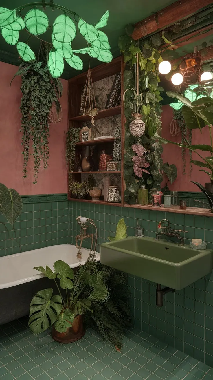 Immerse yourself in the vibrant energy of this jungle-themed bathroom. A riot of green, from the walls to the sink and floor tiles, is complemented by cascading plants and a unique leaf-inspired light fixture. The vintage bathtub and brass faucet add a touch of old-world elegance to this maximalist haven, creating a space that's both luxurious and wildly alive.