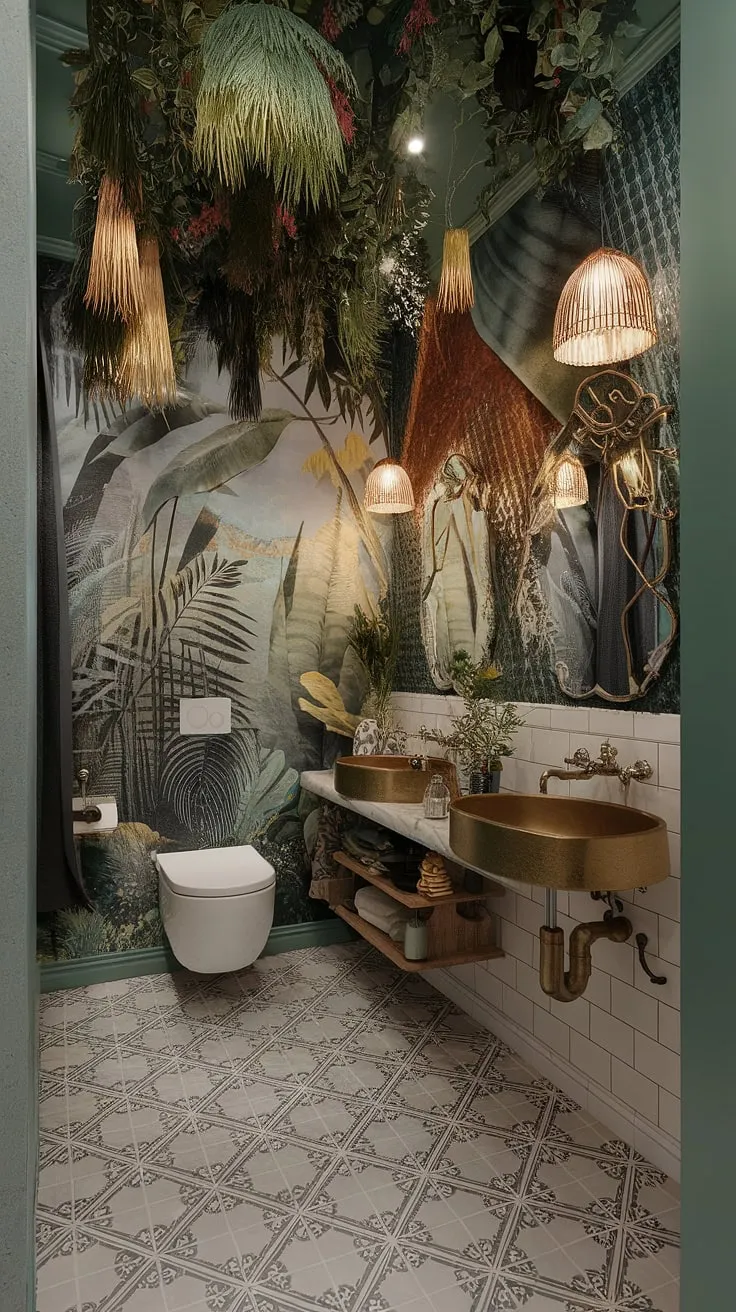 Escape the ordinary in this wildly imaginative bathroom. A riot of color and pattern, this eclectic jungle-themed haven is a feast for the senses. Vintage lighting fixtures cast a warm glow on the brass sink, complementing the rich textures and the breathtaking jungle mural that dominates the wall. Every detail, from the hanging plants to the patterned tiles, contributes to a truly unique and unforgettable experience.