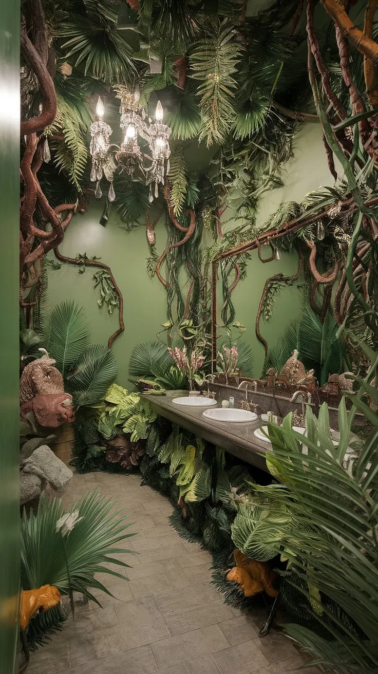 Immerse yourself in the wild heart of this jungle-themed bathroom. A riot of color and life, with every detail meticulously curated to create a space that's both breathtaking and utterly unique. A haven of tranquility and exuberant style, this bathroom is a testament to the power of bold design.
