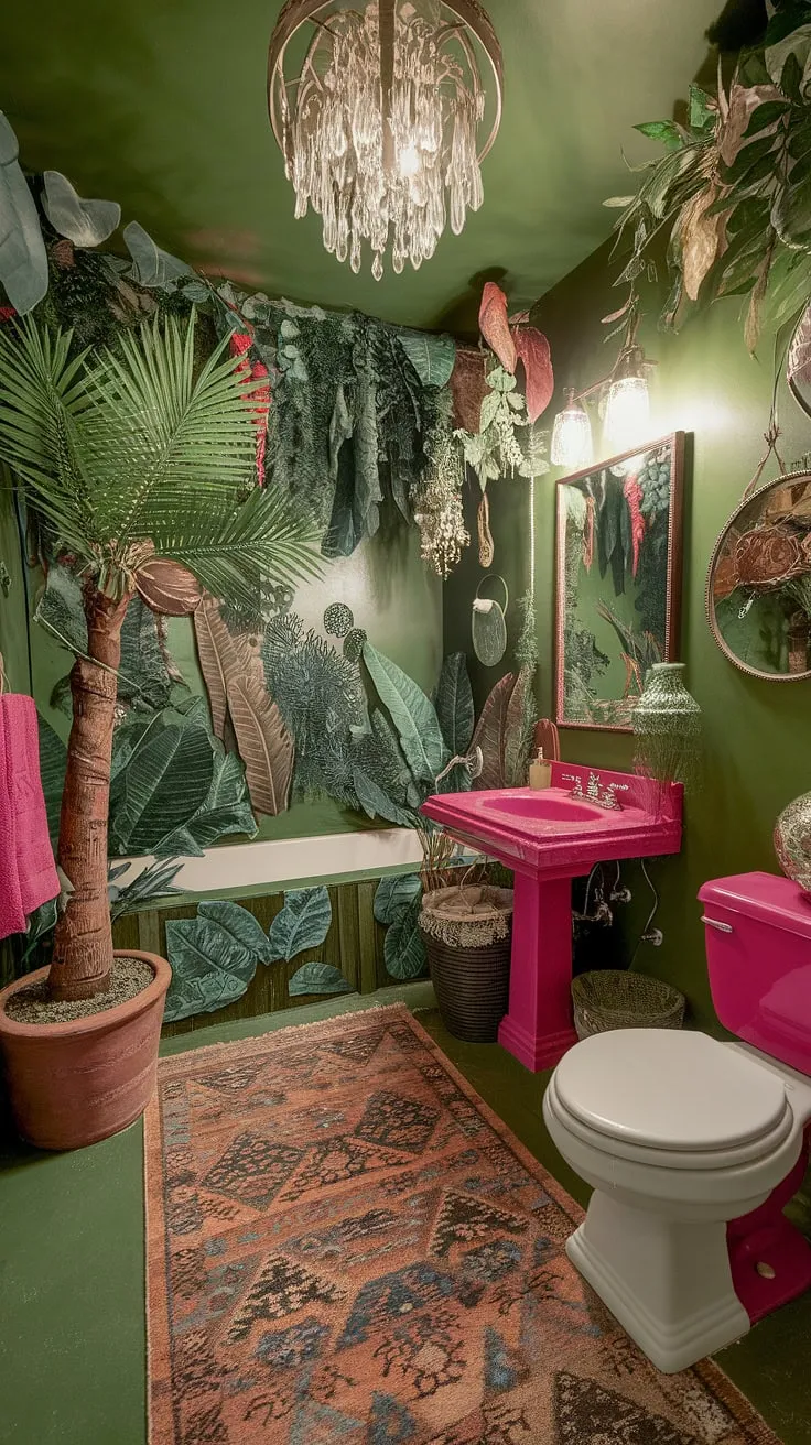 Step into a lush, vibrant oasis where the jungle meets the bathroom. A riot of color and texture, this maximalist space is a testament to bold design, showcasing a playful mix of vibrant pink fixtures and abundant greenery. The result is a truly unique and unforgettable escape.