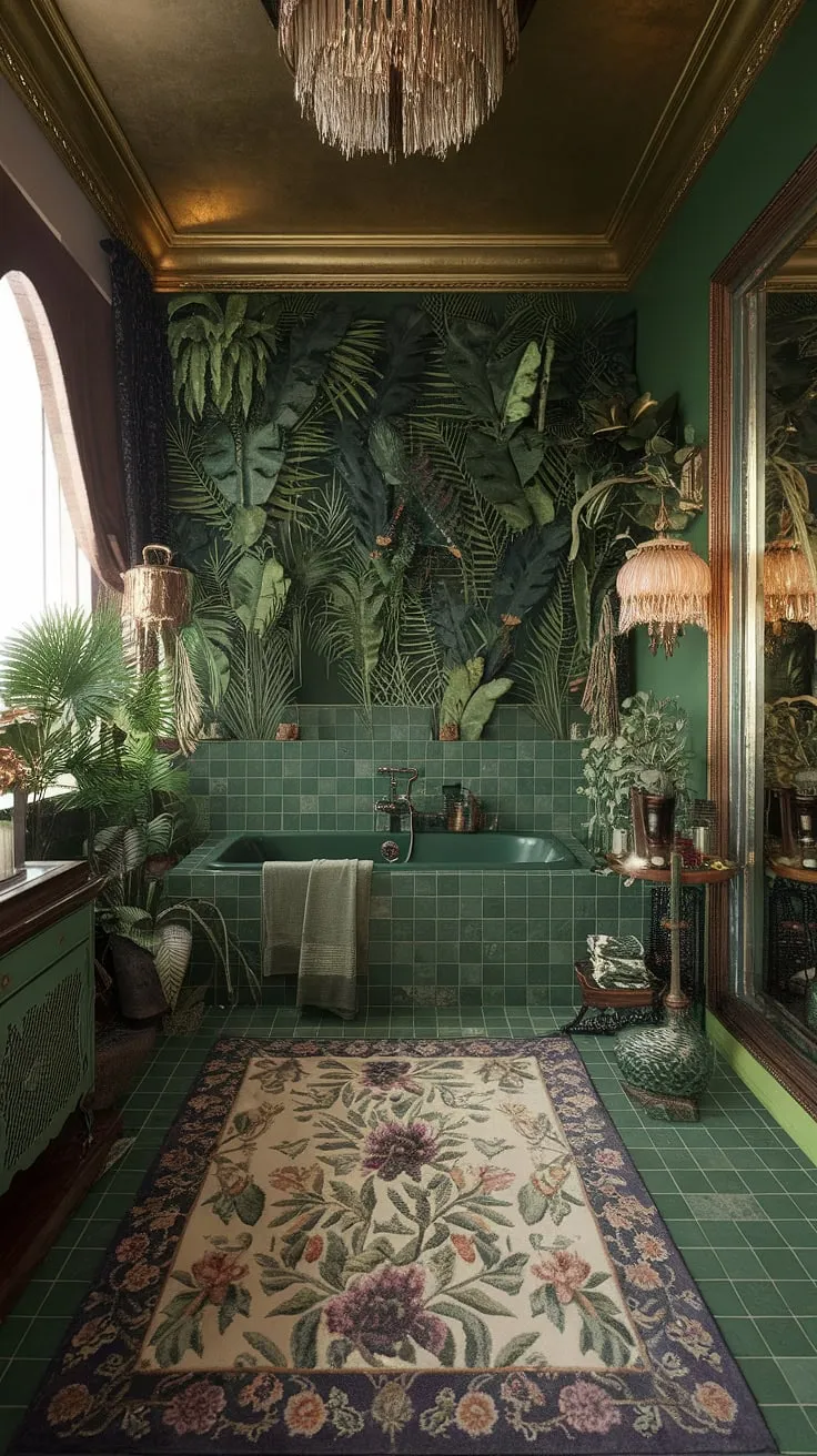 Step into a lush oasis where opulence meets nature. This maximalist bathroom, a vibrant explosion of green, gold, and flourishing foliage, is a testament to bold design. The vintage lamp casts a warm glow on the scene, perfectly complementing the luxurious green bathtub and the intricate floral rug. A true sanctuary for the senses.