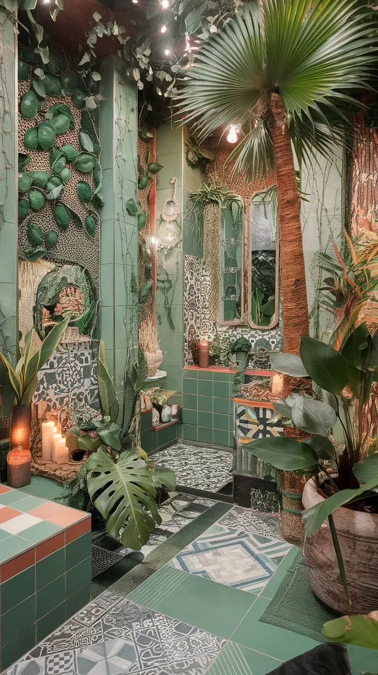 Step into a sanctuary where lush greenery meets vibrant artistry. This maximalist bathroom is a testament to the power of eclectic design, a vibrant jungle escape where every detail whispers of exotic adventure. A haven of textures, colors, and patterns, it's a space that truly nourishes the soul.