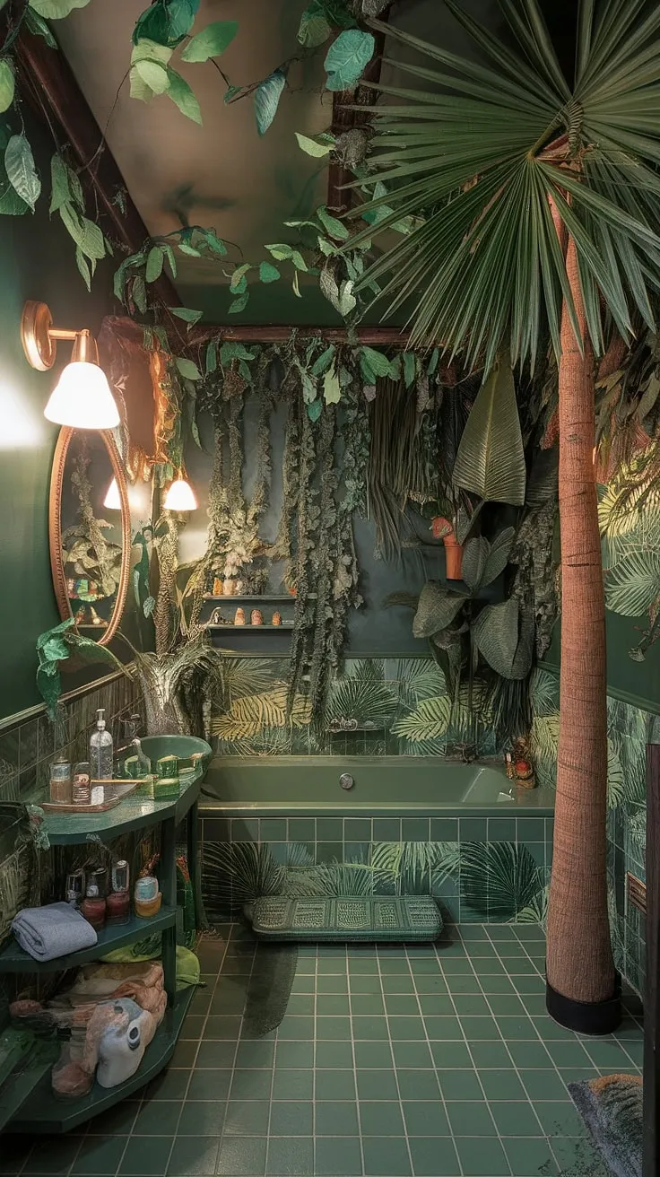 Indulge your senses in this maximalist jungle bathroom. A riot of textures and vibrant greens, from the patterned tub to the sprawling foliage, creates a truly unique and captivating space. A perfect blend of opulence and nature's untamed beauty, this bathroom is a dream come true.