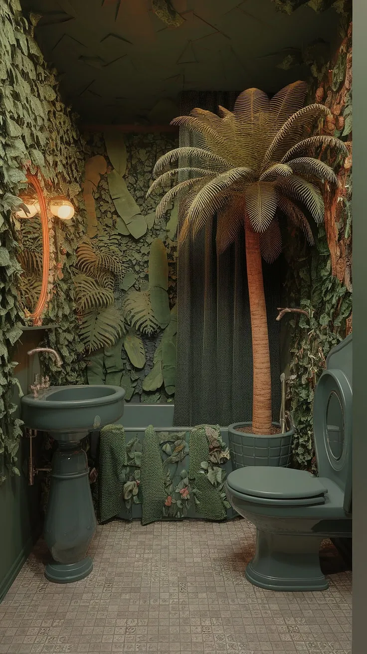 Indulge your senses in this jungle-themed bathroom, a sanctuary brimming with A. overflowing personality. From the vintage tub to the vibrant greenery cascading from every surface, it's A. testament to the power of maximalist design to create a truly unique and captivating space. Every detail whispers of A. luxurious escape.