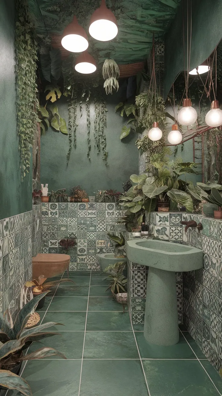 Step into a lush oasis where nature meets design. This maximalist bathroom, a vibrant explosion of green walls, trailing vines, and eclectic textures, is a testament to the beauty of embracing bold choices. The unique concrete sink and patterned tiles add another layer of captivating detail. A sanctuary for the senses, it's a space that truly invigorates.
