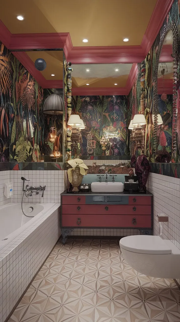 Step into a jungle paradise where vibrant patterns and eclectic charm collide. This maximalist bathroom is a feast for the senses, a testament to bold design and luxurious comfort. A sanctuary of self-expression, it's a space where every detail sings.