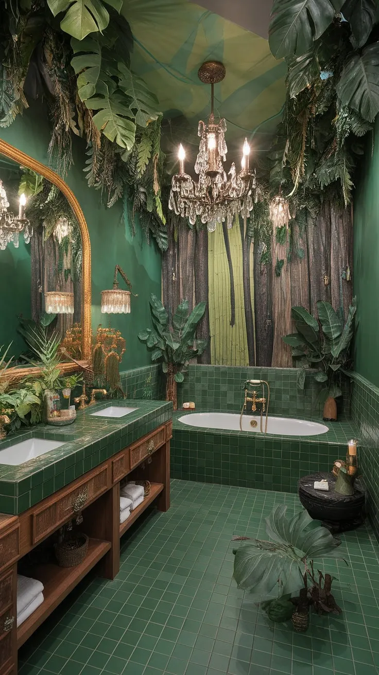 Indulge your senses in this extravagant bathroom retreat. The jungle-inspired design, complete with a dramatic chandelier and a double vanity, creates a space that is both luxurious and utterly captivating. A harmonious symphony of green tiles, golden accents, and abundant greenery.
