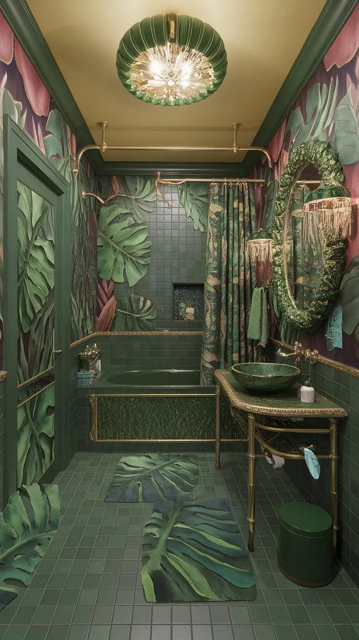 Immerse yourself in the verdant embrace of this extravagant bathroom. A symphony of green and gold, it's a haven of luxurious detail. Every element, from the ornate fixtures to the lush botanical patterns, contributes to an atmosphere of unparalleled richness and calm. A true escape from the everyday.
