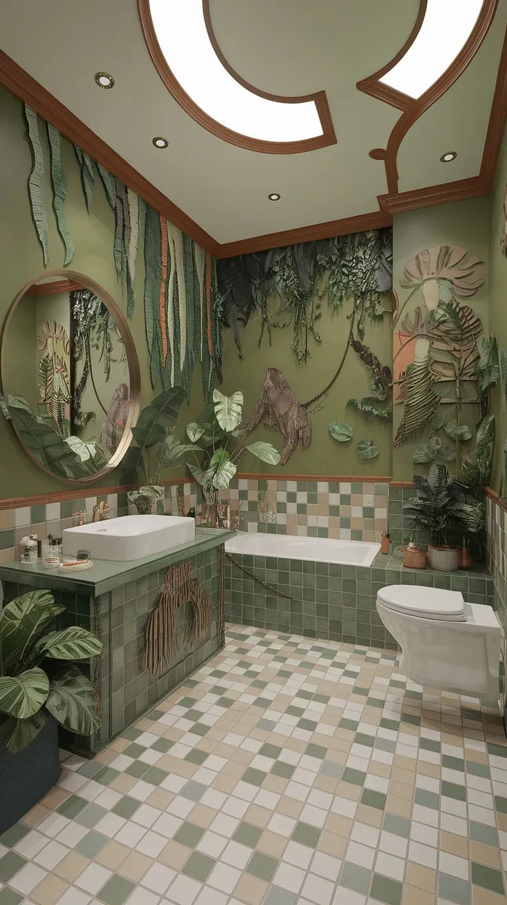 Step into a lush paradise where vibrant greens meet serene whites. This maximalist jungle bathroom, a testament to bold design, transports you to a tranquil oasis with its playful monkey, cascading vines, and abundant plant life. The curved ceiling and patterned floor add an unexpected touch of elegance. A truly unique escape.