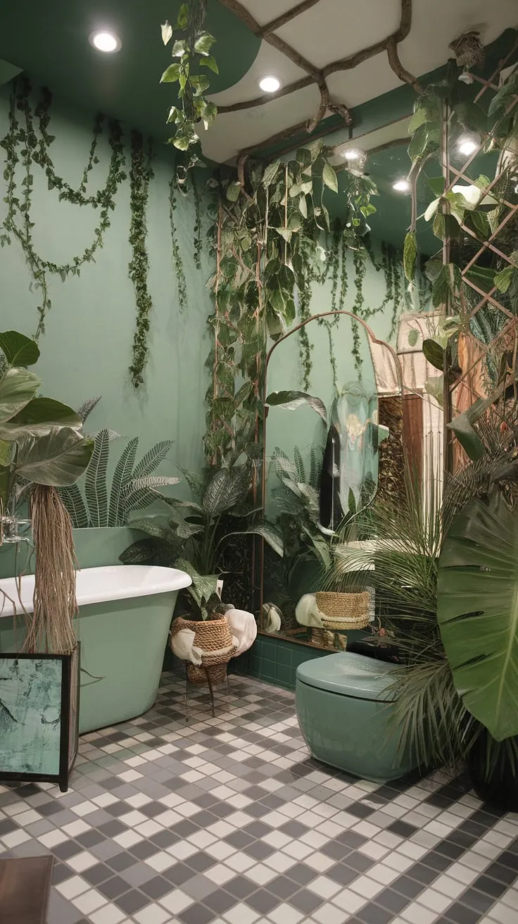 Immerse yourself in the opulence of this jungle-themed bathroom. From the vibrant green walls crawling with lifelike vines to the carefully curated collection of plants and the luxurious freestanding tub, every detail is meticulously crafted to create a sanctuary of unparalleled beauty and serenity. The striking floor tiles and statement mirror complete this captivating space. A
