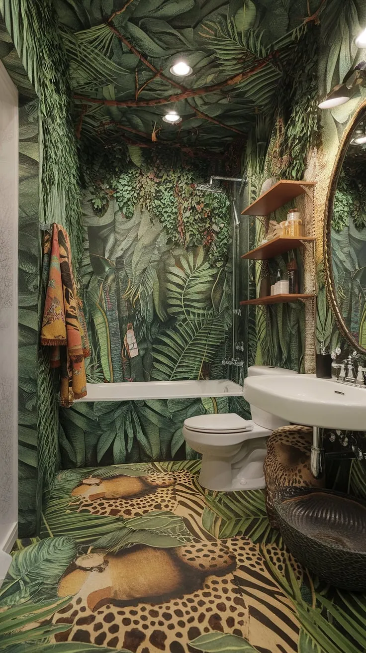 Escape the ordinary in this wildly imaginative bathroom. A riot of color and texture, this jungle-themed haven is a testament to bold design. From the vibrant greenery climbing the walls to the playful animal prints underfoot, every detail is a celebration of nature's exuberance. Indulge in a truly unique and unforgettable bathing experience.
